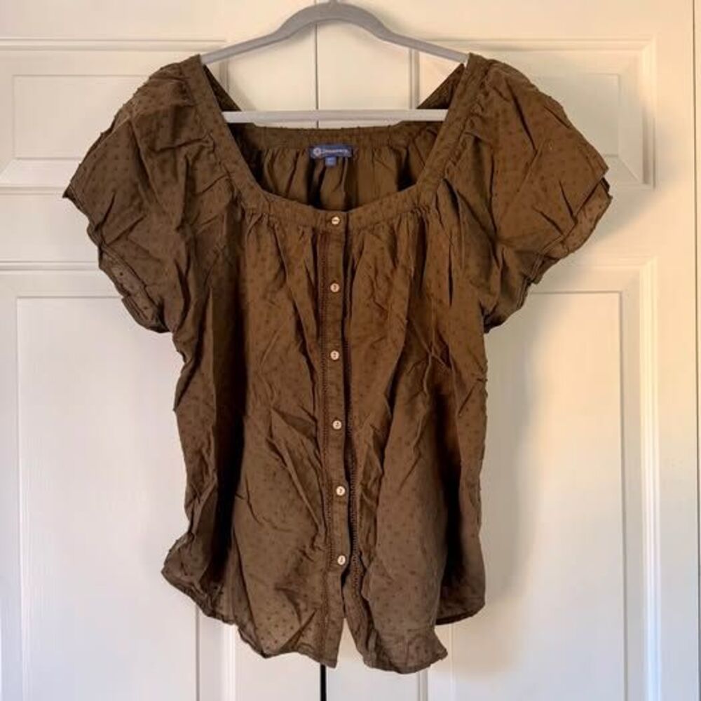 Democracy Olive Brown Swiss-Dot Flutter-Sleeve Blouse — XL
